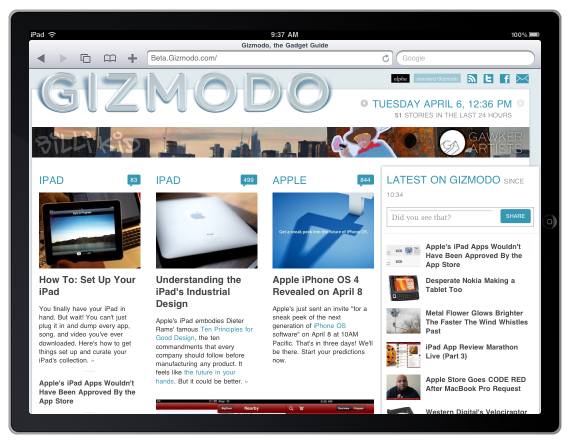 A screenshot of Gizmodo on the iPad