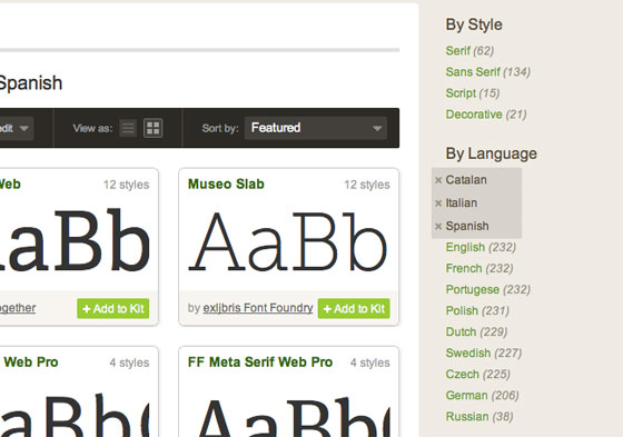 Screenshot of the new language tools on Typekit.com