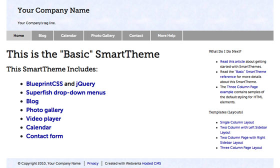 Screenshot of the Basic SmartTheme from Webvanta