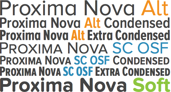 Proxima Nova Alts, SC OSFs, Soft, color coded.