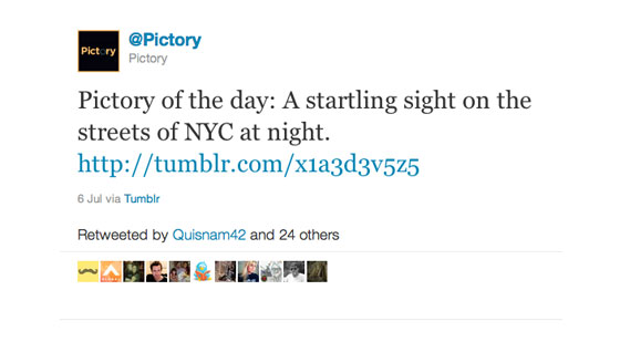 A tweet from Pictory, with text:'Pictory of the day: A startling sight on the streets of NYC at night'