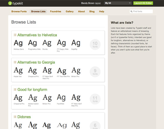 Browse by list on Typekit