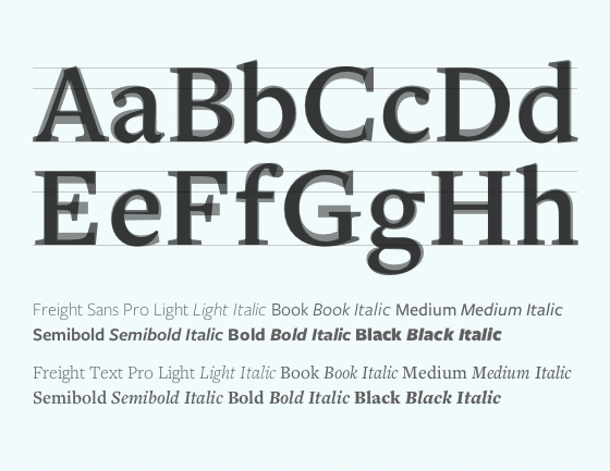 Letters of Freight Sans and Freight Text, when overlaid, show similar structure.