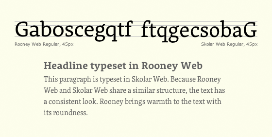 Letters set in Rooney and Skolar reveal that the two typefaces are a good match.