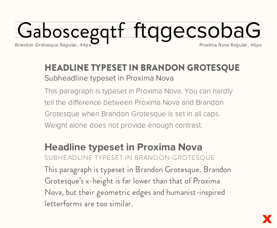 Letters set in Brandon Grotesque and Proxima Nova exhibit how there is not enough contrast between the two typefaces.