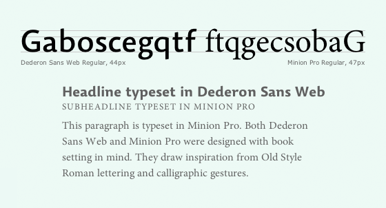 Letters set in Dederon Sans and Minion reveal their shared inspiration.