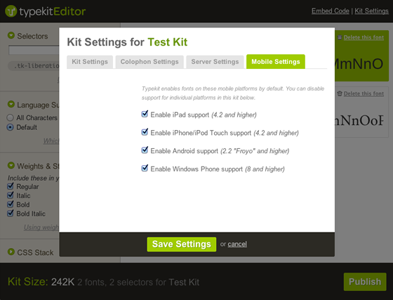 Settings for enabling and disabling support for mobile platforms, including Windows Phone