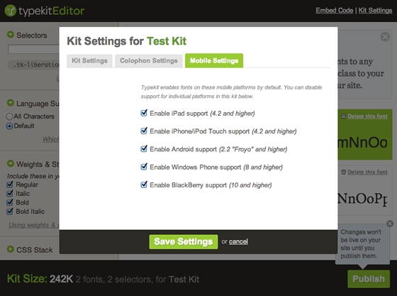 Settings for enabling and disabling support for mobile platforms, including BlackBerry.