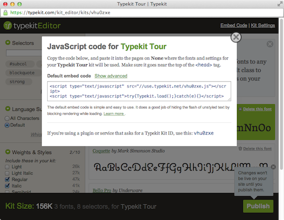 Typekit embed code screenshot