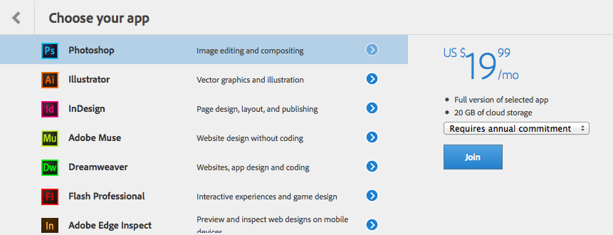 Screenshot showing list of Creative Cloud single-app plans