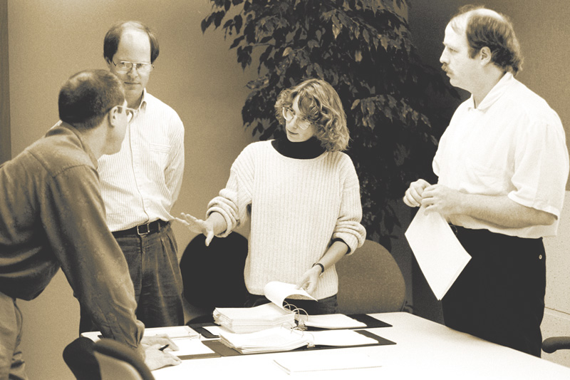 Members of the Adobe Type team. From left: Jim Wasco, Robert Slimbach, Carol Twombly, and Fred Brady.