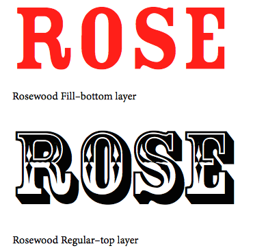Rosewood images excerpted from the Adobe Type instructional document for the Adobe Wood Type 3 package, “Using Typefaces with Chromatic (Multi-colored) Effects.”
