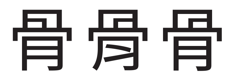 한자 U+9AA8 (“뼈”), 좌에서 우로 : 중국어 간체, 중국어 번체, 한국어/일본어 (공통)