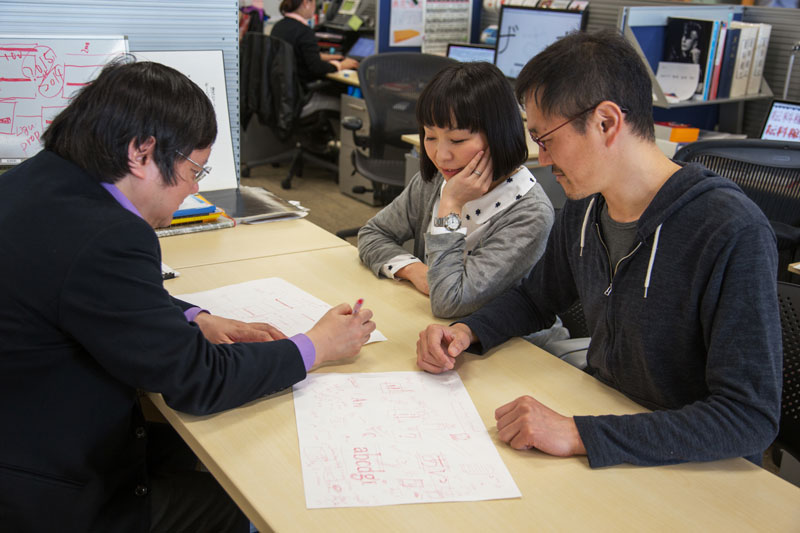 Meeting with her two colleagues on the Adobe Japan type team. From left to right: Taro Yamamoto, Ryoko Nishizuka, Masataka Hattori.