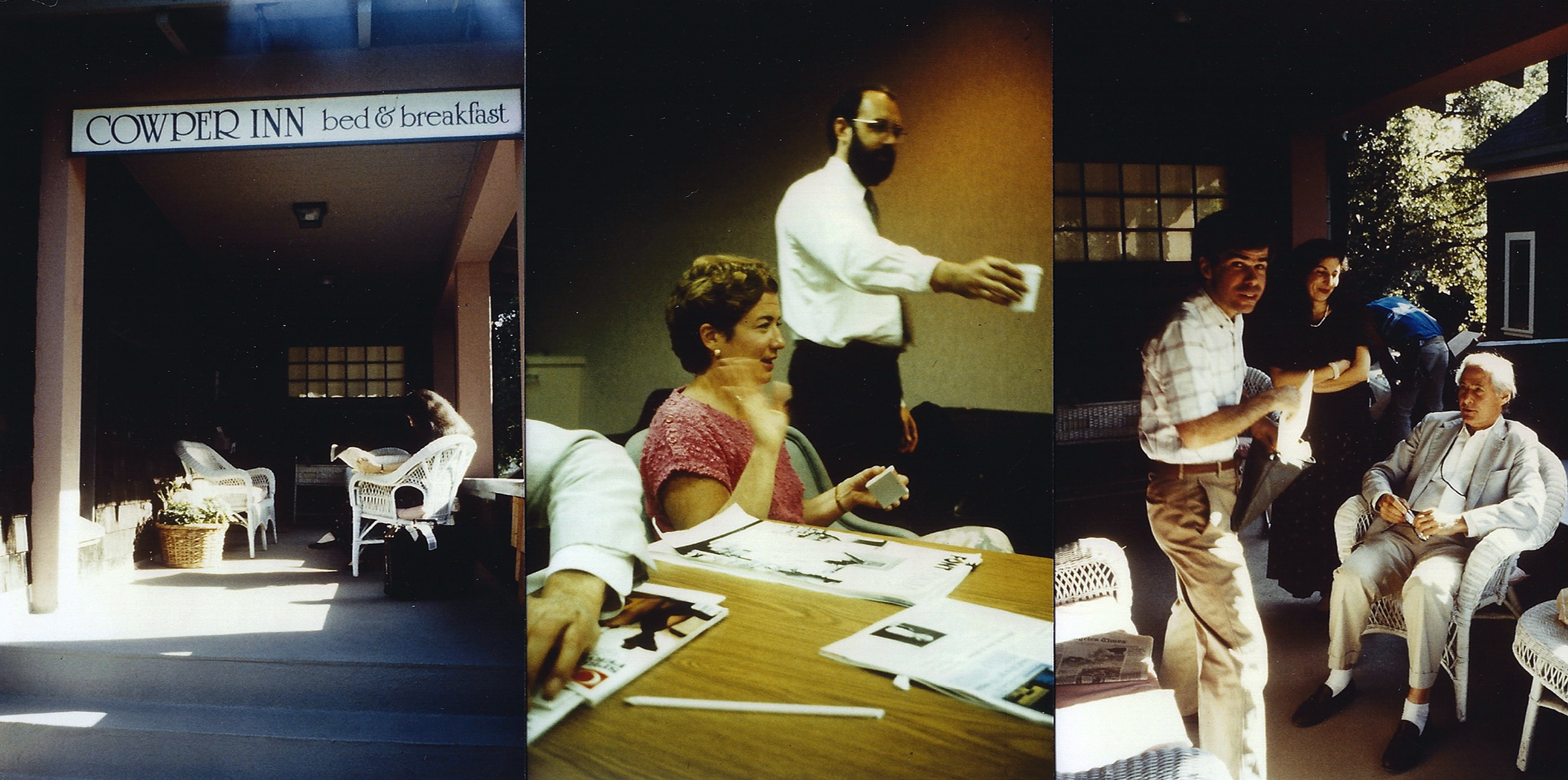 According to Spiekermann: “These three pictures are a scan of very bad and very small color prints from photos I took back in 1988 or 1989.” Far left: The Type Board meeting place at the Cowper Inn in Palo Alto; center: Liz Bond and Sumner Stone; far right, pictured from left: Type Board members Stephen Harvard, Louise Fili, and Jack Stauffacher.