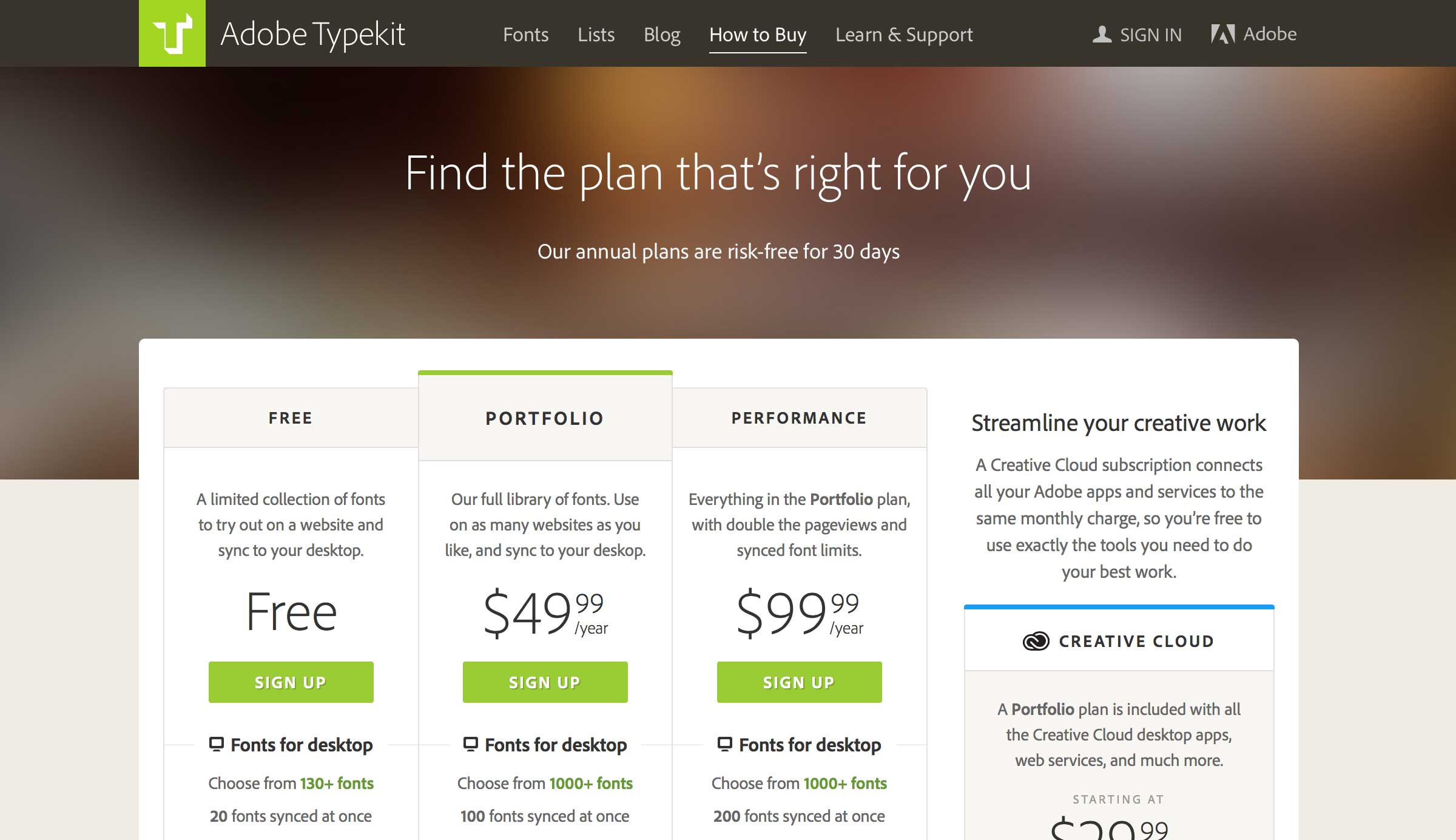 Typekit Plans page