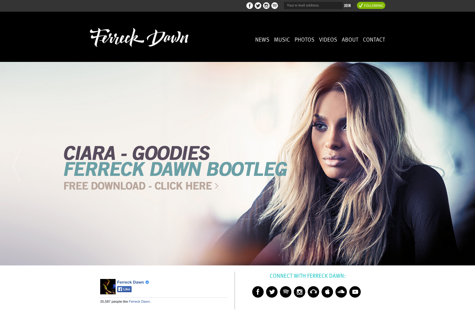 Ferrick Dawn website made with Revolve Music