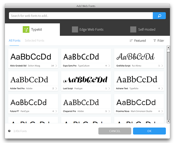 Web font selection screen in Adobe Muse