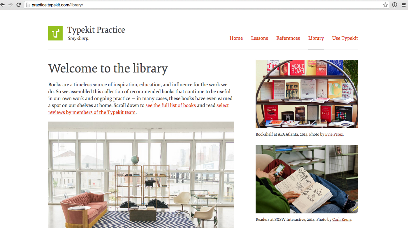 Typekit Practice website featuring the library