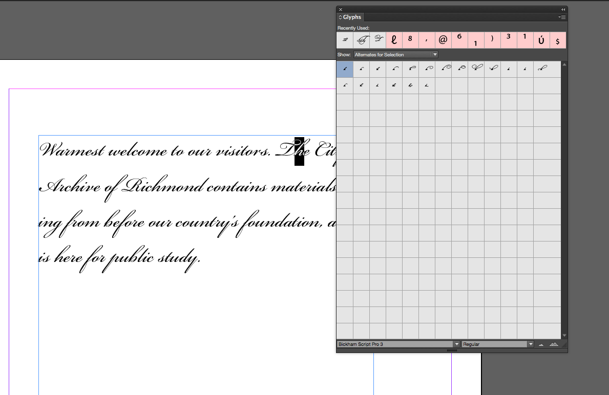 Glyph panel in InDesign showing alternate glyphs for the selected character.