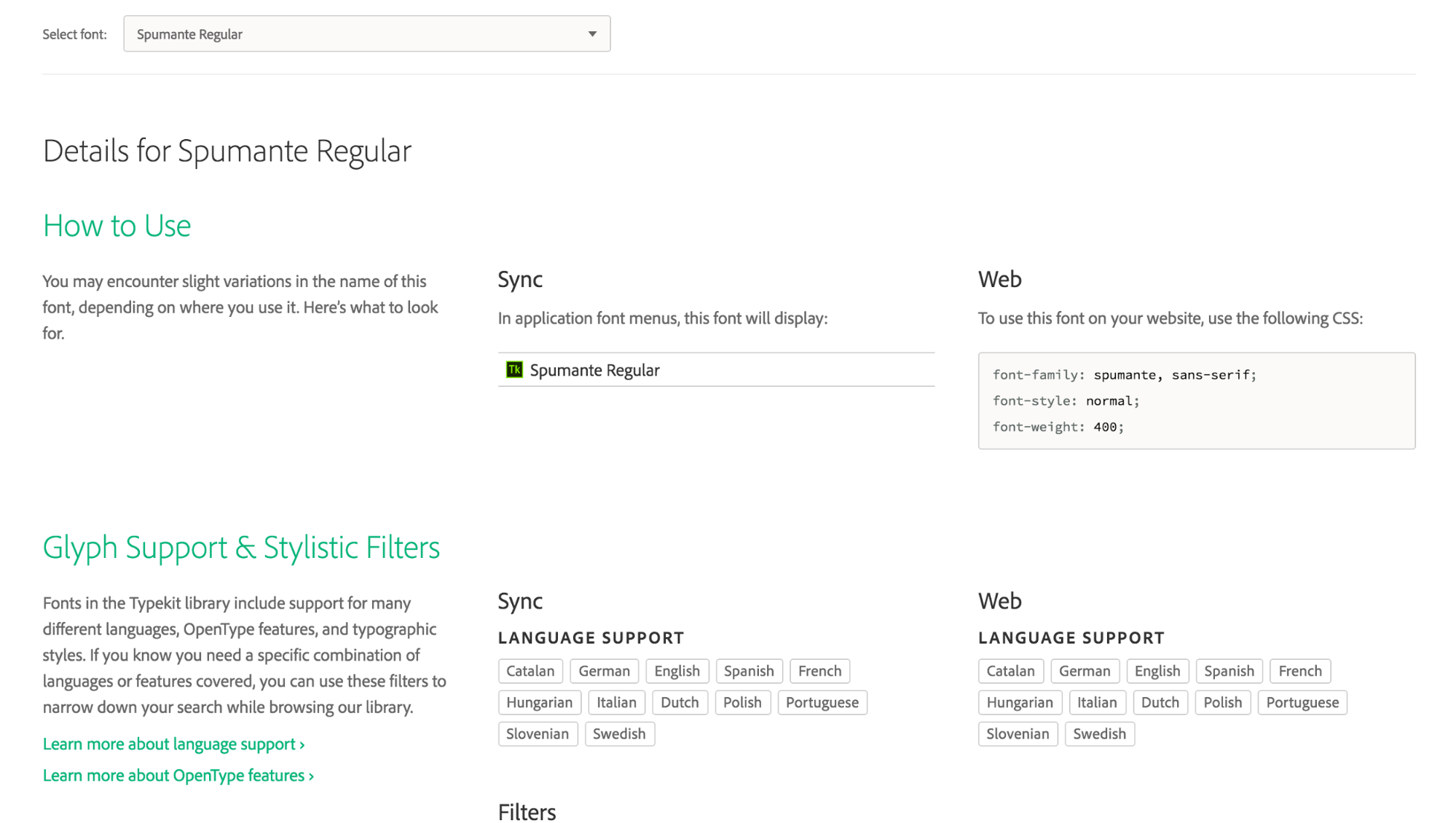 Screenshot of font details page