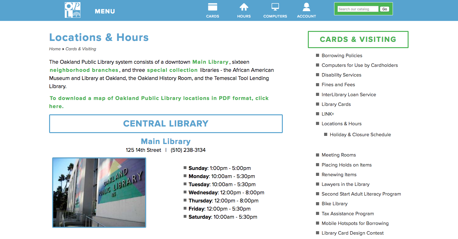 Oakland Public Library website page detail