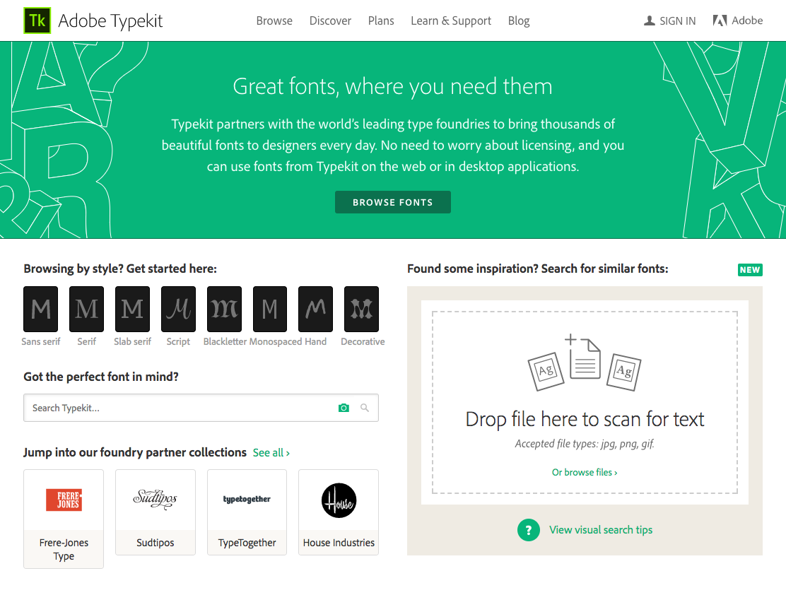 Typekit homepage now with visual search ability