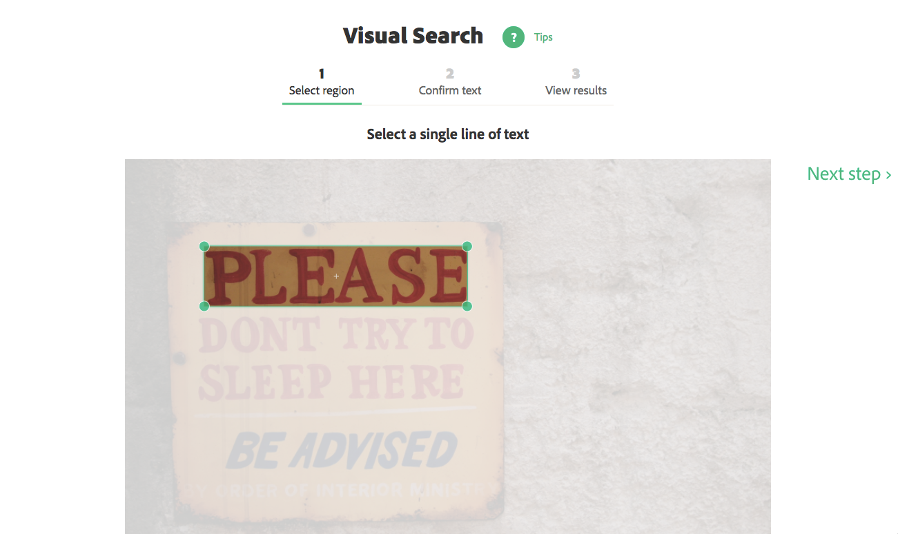 Selecting a line of text in visual search