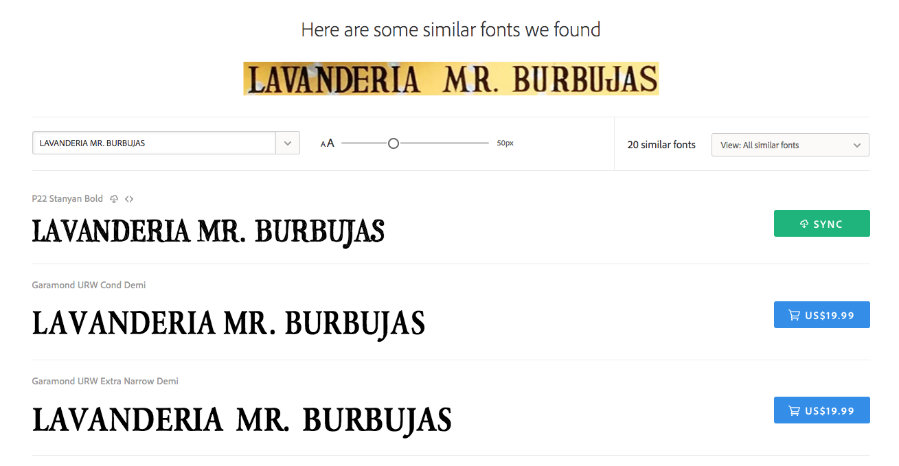 The first visual search result for the Mr. Buburjas sample is P22 Stanyan Bold, followed by Garamond from URW